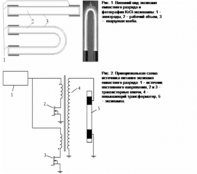 Подпись: Рис. 1. Внешний вид эксиламп емкостного разряда и фотография krcl-эксилампы: 1 - электроды, 2 - рабочий объем, 3 - кварцевая колба.
      
 Рис. 2. Принципиальная схема источника питания эксиламп емкостного разряда: 1 - источник постоянного напряжения, 2 и 3 - транзисторные ключи, 4 - повышающий трансформатор, 5 - эксилампа.

     